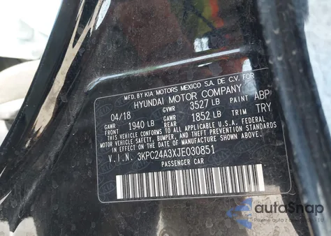 2018 Hyundai Accent Sel z USA, uszkodzony, nr VIN 3KPC24A3XJE030851